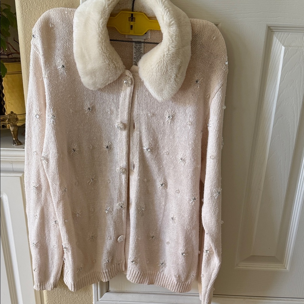 Vintage Cream Cardigan with Faux Fur Collar and crystals  White Christmas